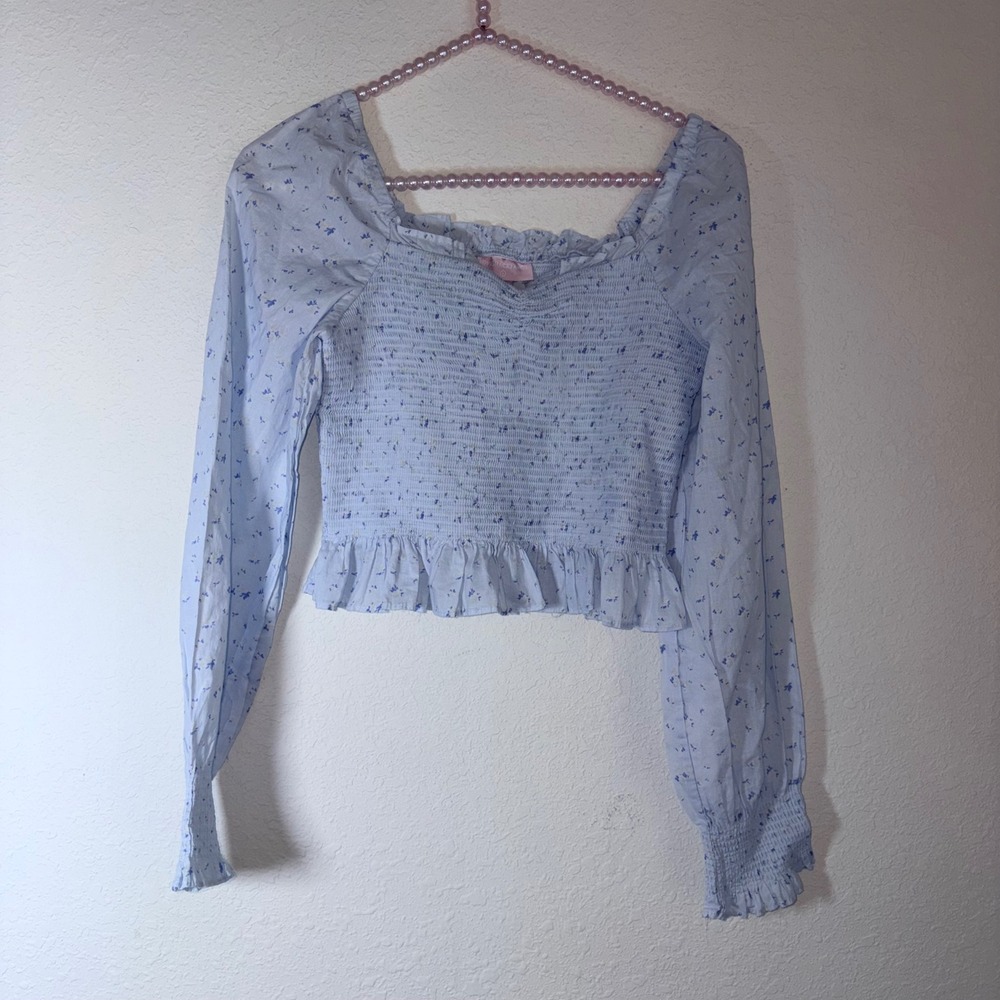 LoveShackFancy x Target cotton smocked Floral Top age 14 Blue Ruffle Peplum new